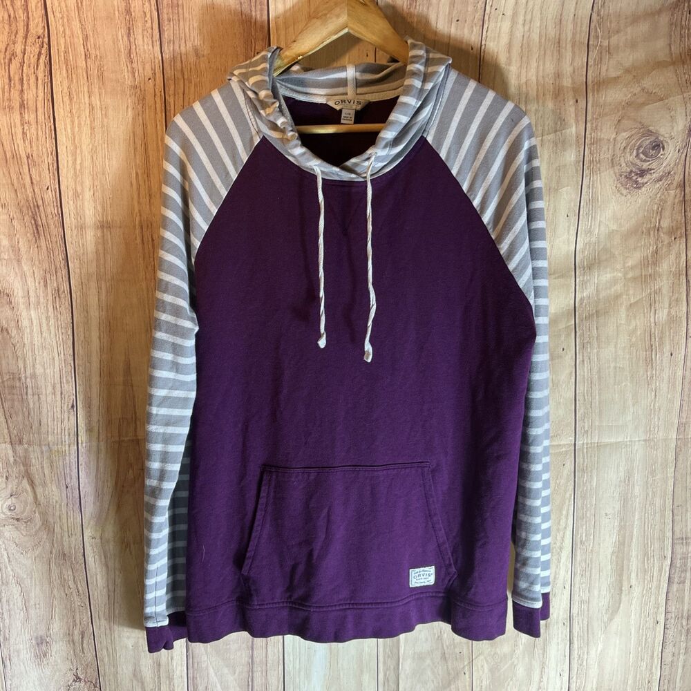 Orvis Women's Top Hoodie Size Large Burgundy Gray White Cotton Blend Long Sleeve
